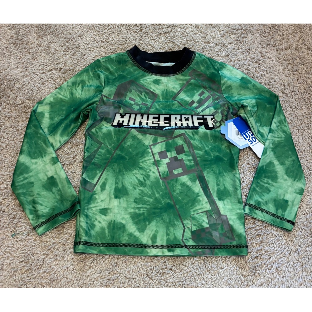 Minecraft Kids Green Tie Dye Long Sleeve Rash Guard Swim Shirt UPF 50+ Size 5/6
